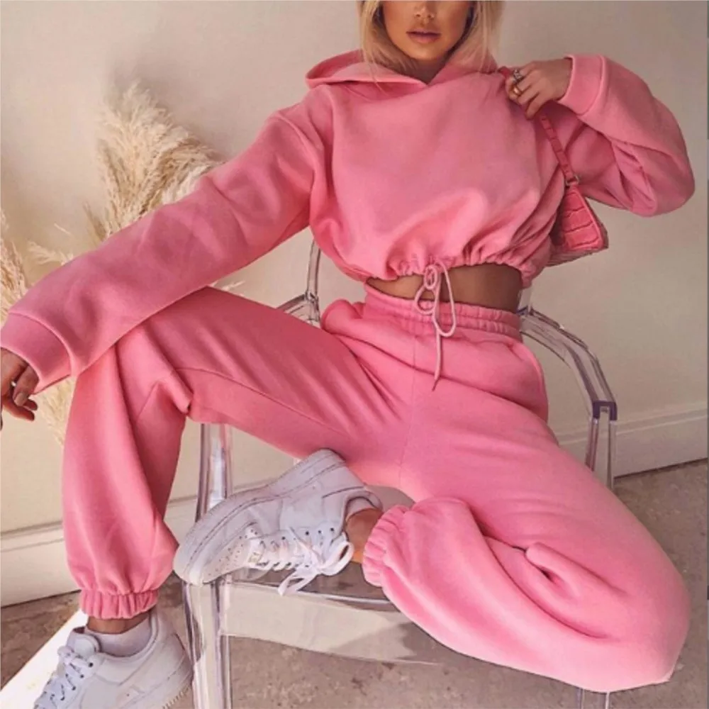 New Fashion Long Sleeved Sports Leisure Two Piece Women's Autumn Winter Casual Ultra Short Drawstring Lace Up Female Pants Suit