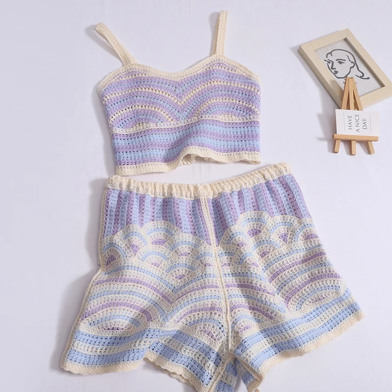 Braided halter top + wide leg shorts Vacation style two-piece women Short crop top high-waisted knit shorts