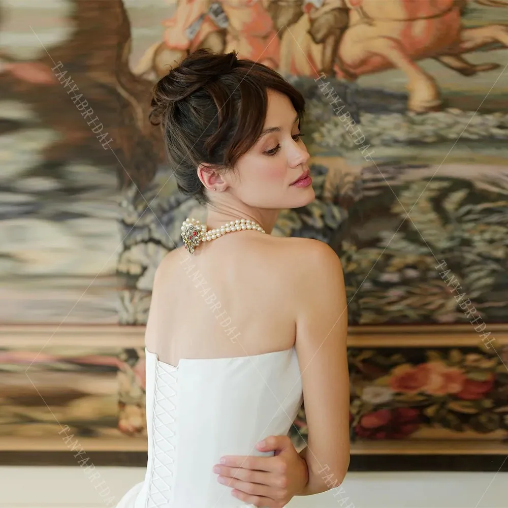 Satin Strapless Elegant Wedding Dress With Detachable 3D Flowers Sleeves Lace Up Back Sweep Train Bridal Gown TSWD552