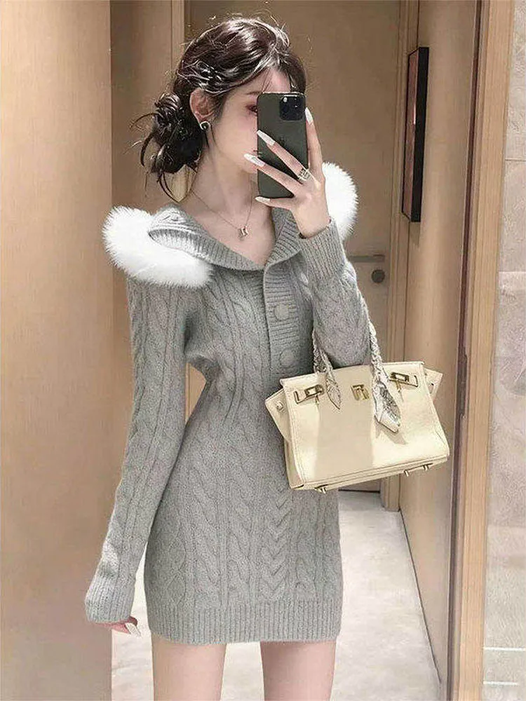 

Gray Fur Collar Thickened Knitted Dress Women's Fashionable Slim Fit Bodycon Skirt Korean Style Commute Warm Mid-Length Dress