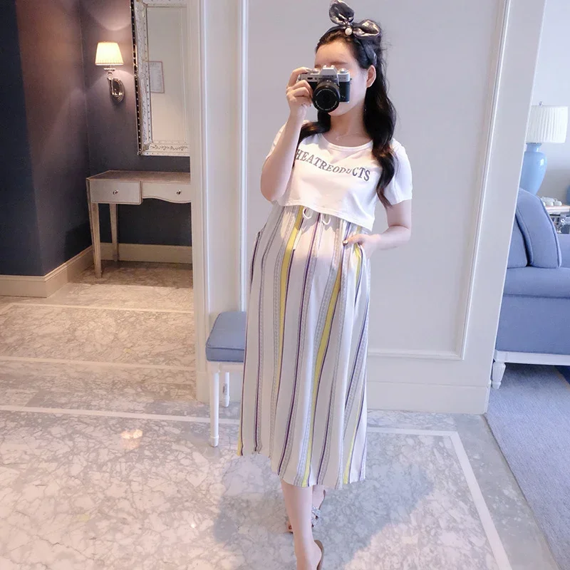 

Nursing Dress Loose Spring Summer Maternity Clothes Short Sleeve Dresses Charming for Pregnant Women Elegant Pregnancy