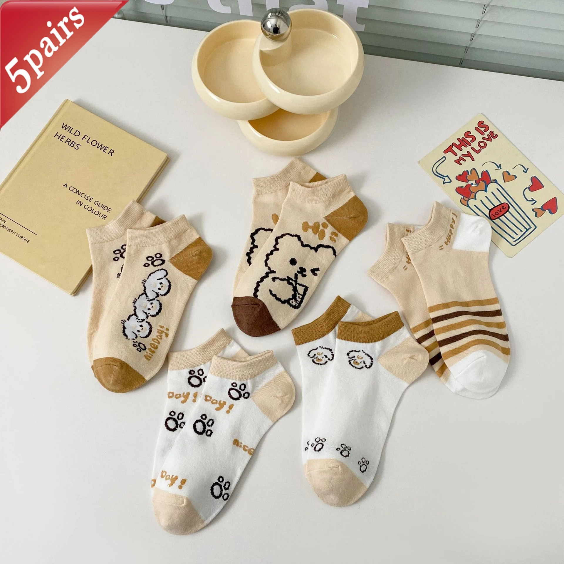 

5 пар женских носков, дышащие и универсальные неглубокие короткие хлопковые забавные носки с героями мультфильмов для девочек, милые модные простые оптовые продажи