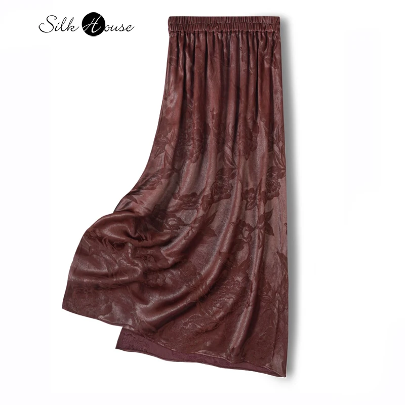 High End Rosewood 55MM 100% Natural Mulberry Silk Jacquard Red Cloud Satin Women's Fashionable Straight Tube Skirt