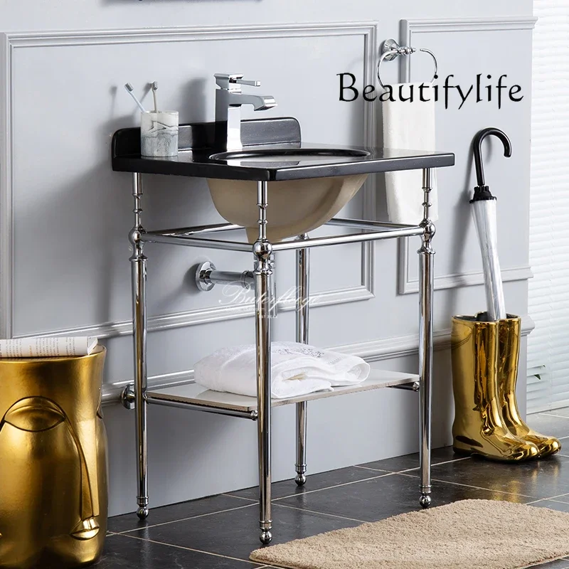 BJ Black Marble Bathroom Cabinet Four Legs Double Panel Bracket Wash Basin Retro Fashion