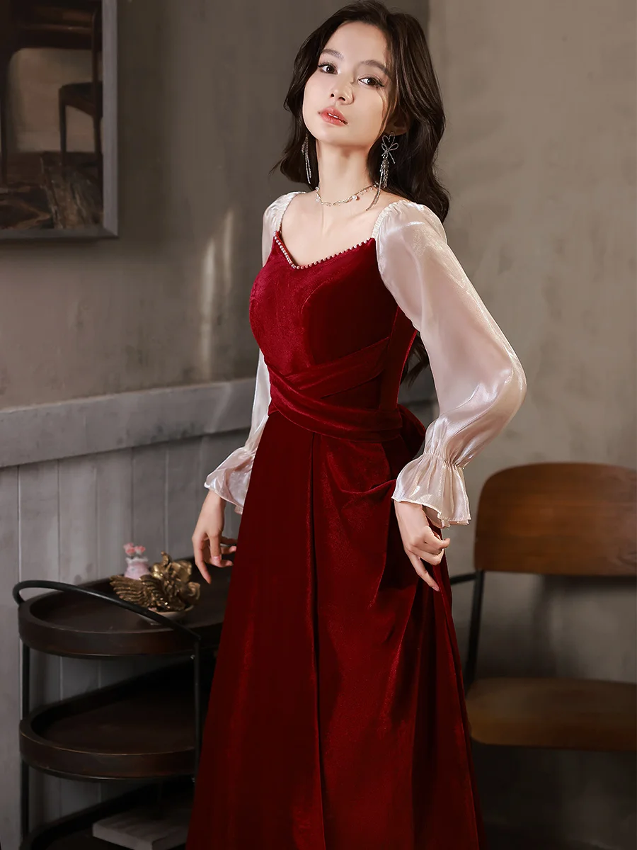 

plus Size Velvet Evening Gown for Women 2025 New Sle Bridal Dr Cover Belly Long Sve A-Line Skirt Wedding Par Dr
