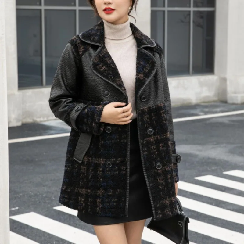 ZXRYXGS 2023 High Quality Pu with Velvet Mid Length Leather Jacket Women Coats Suit Collar Loose Two Sided Dressing Fashion Coat