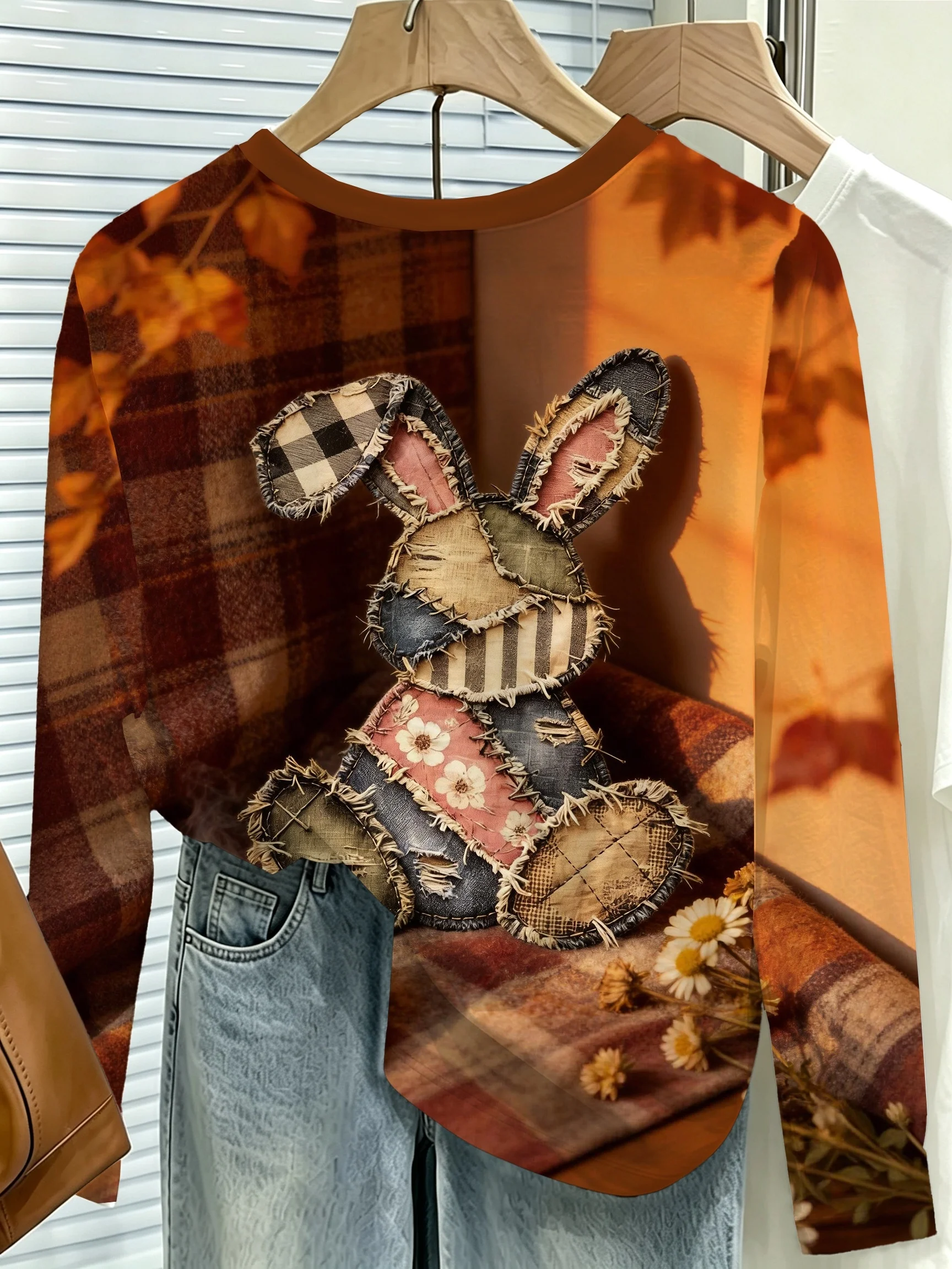 Women Long Sleeve T Shirt Patchwork Rabbit Coffee Maple Leaf Print Soft Breathable Casual Daily Autumn Fashion Women's Clothing