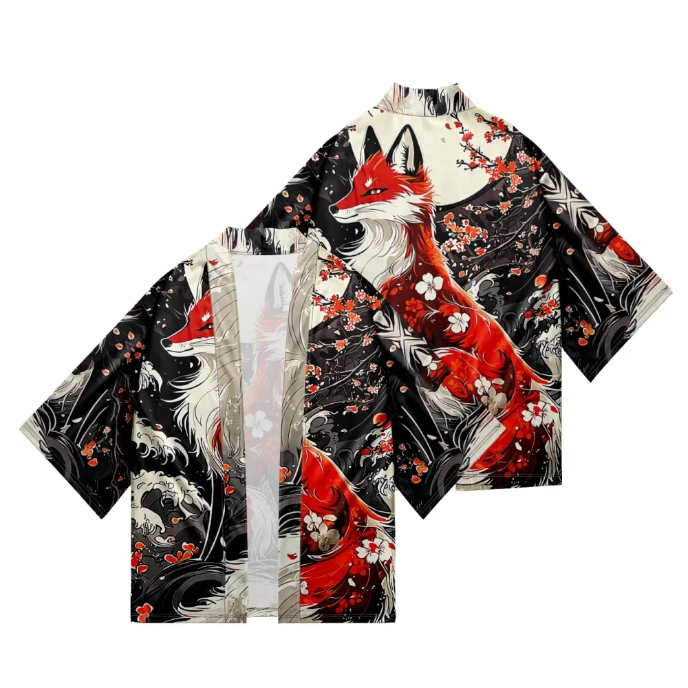 Japanese Ukiyo-e Red Fox Sakura Wave Print Haori Unisex Half Sleeve Kimono Open Front Loose Beach Coat Tops