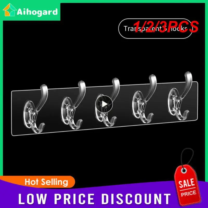 Transparent Stro Adhesive Coat Rack Wall Mounted 3/5/6 Standard Hooks Wall Coat Rack Hangers For Bathroom Kitchen Closet Sticke