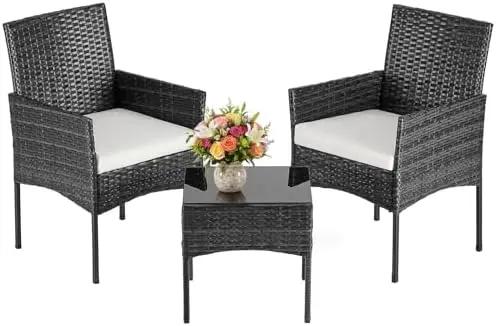 3-Piece Patio Furniture Set, All-Weather Outdoor Wicker Chairs with Removable Cushions & Tempered Glass Table, Small