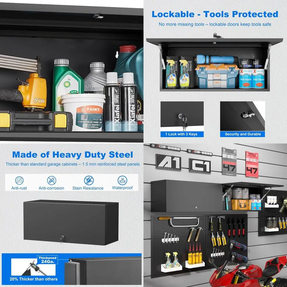 

Garage Wall Cabinet with Gas Spring, 14 H Lockable Storage Cabinet for Workshops and Enclosed Trailers - Assembly Required