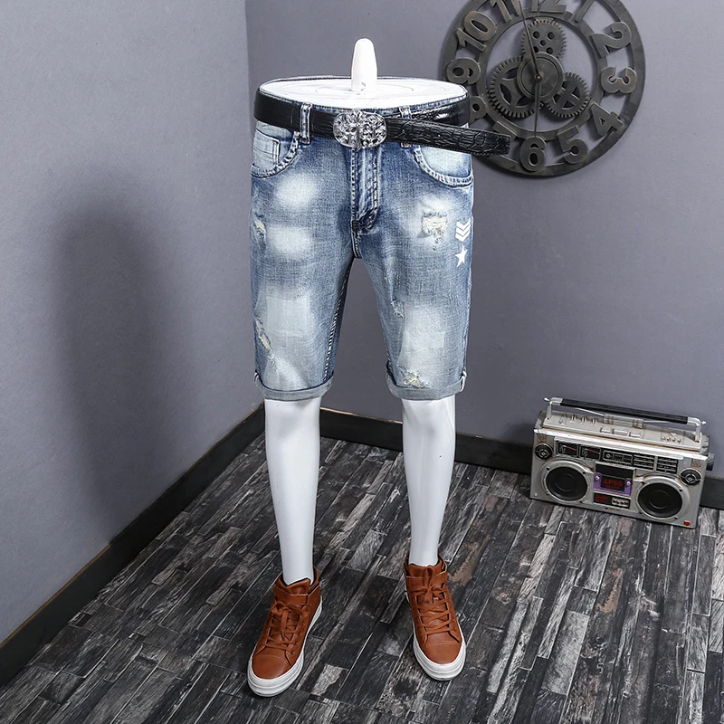 2024summer new thin ripped denim shorts MEN'S FASHION vintage print fashion elastic slim fit nostalgic pirate shorts