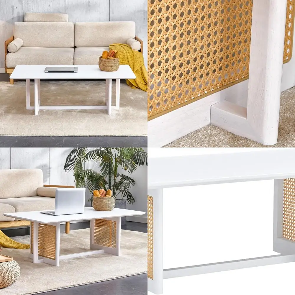 

Mid-Century Modern 47 White Rectangular Solid Wood Rattan Stand Coffee Table for Living Room and Office