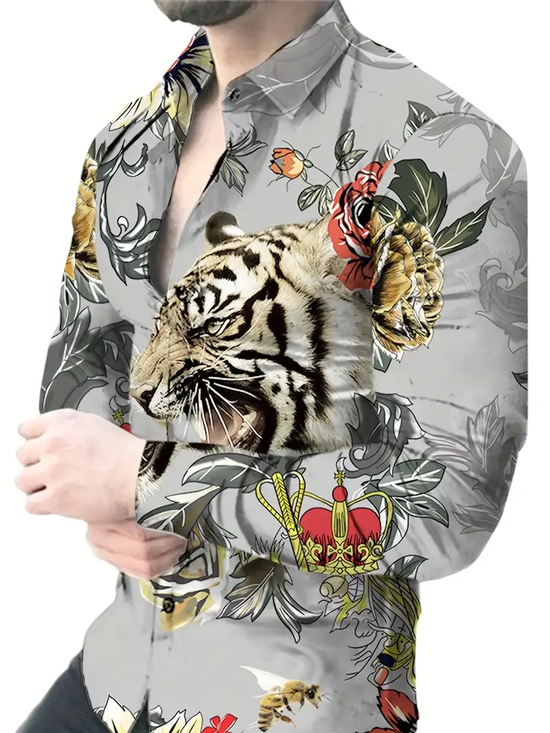 Fierce Tiger And Flower 3D Graphic Print Men\'s Novelty Long Sleeve Button Up Shirt, Spring Fall, Street Style