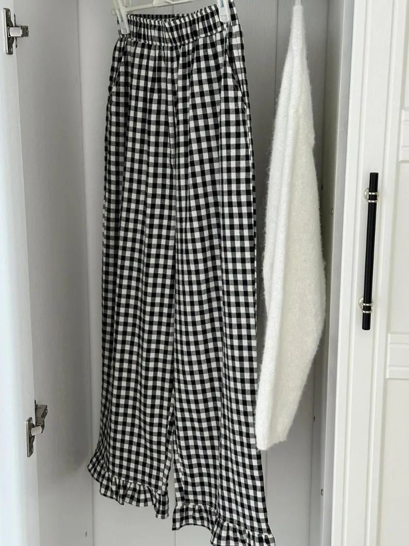 

Sweet Fre, кружевные клетчатые брюки с цветочным принтом, женские летние повседневные брюки с высокой талией, прямые брюки, корейские брюки для поездок на работу Faion