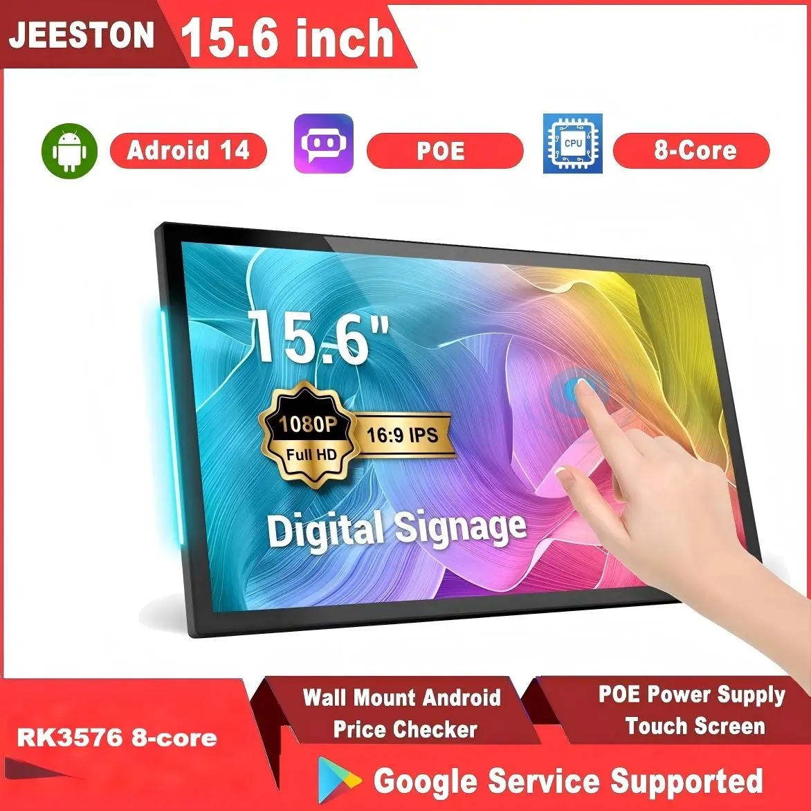 

15.6 Inch Wall Mount Android 14 Commercial Tablet, 4G+32G Touch Screen with LED Light Bars, 7x24 Hours POE Smart Home Control