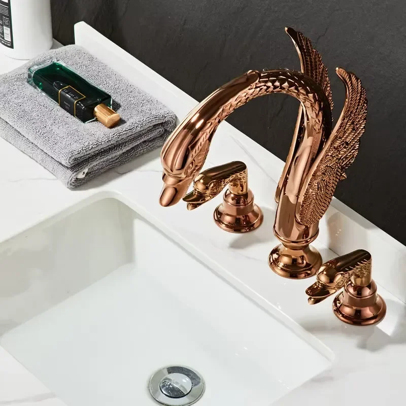 Rose Gold Brass Swan Basin Faucet Double Handle Three Hole Counter Mount Split Mix Faucet Bathroom Sink