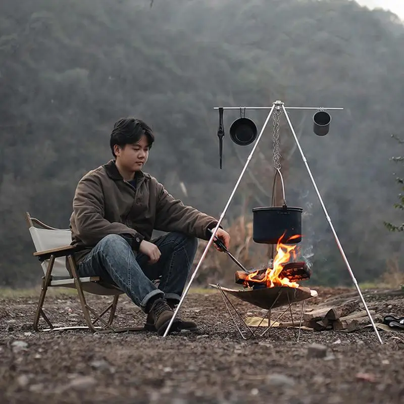 

Camping Hanging Pot Bracket Tripod Stand Folding Tripod Hanger Portable Picnic Kettle tableware Rack For Camping Accessories