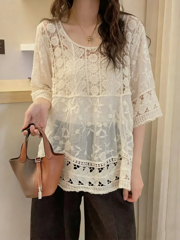 

Lace Shirt Short Sleeve Hollow out Shoulder Bohemian Style Women's Summer New plus Size Top Korean Style Loose Fit round Neck