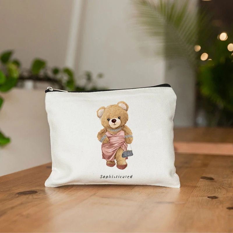 Cute Bear Padrão Maquiagem Sacos para Mulheres, Kawaii, Casual, Viagem, Senhoras, Caso Cosmético Portátil, Saco de Beleza, Bolsa de Higiene Pessoal