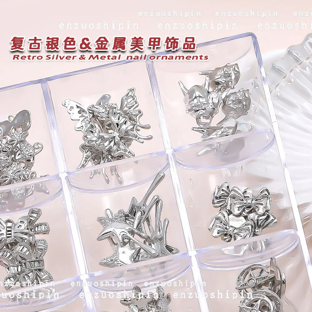 20 piezas 3D Retro Antique Silver Nail Art Charms, Bow Buttrefly, accesorios para manicura, suministros de decoración de uñas, materiales