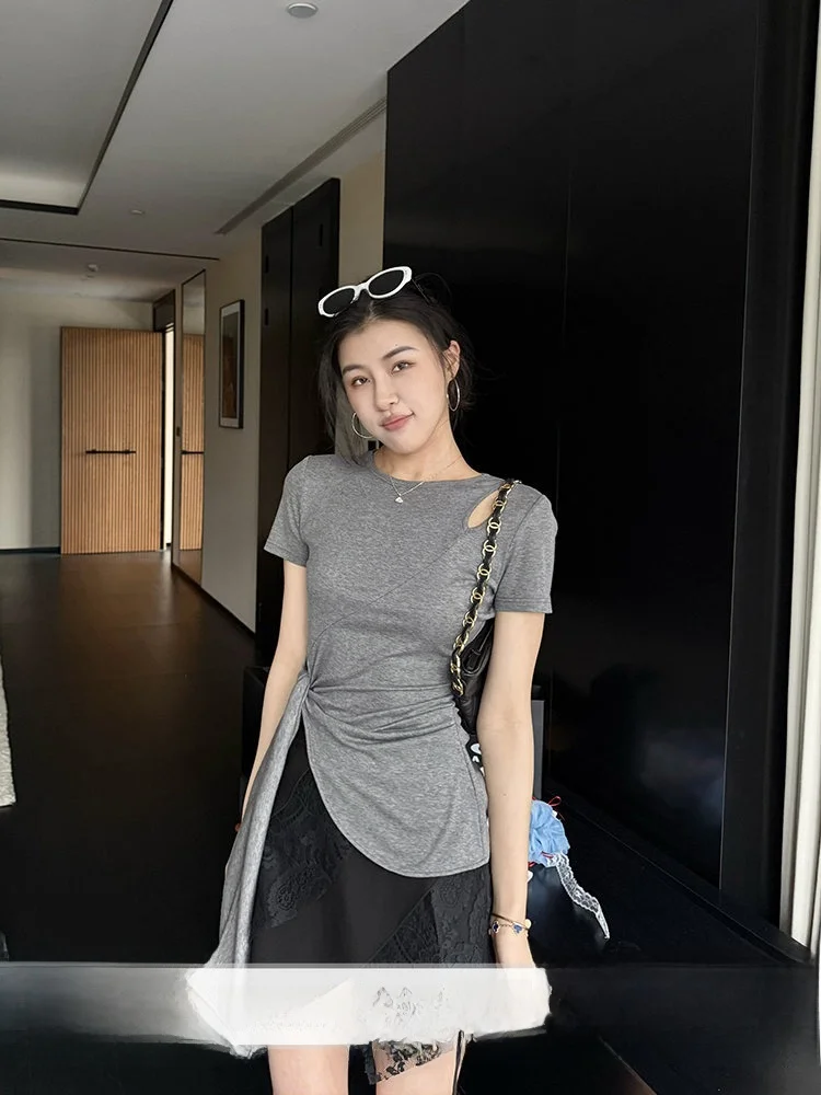 

Zhang a Xing Grey Tone Lace Design Sense Hollow out Belted Top Lace Splicing Irregular Half Skirt Women's Fashion Set Spring