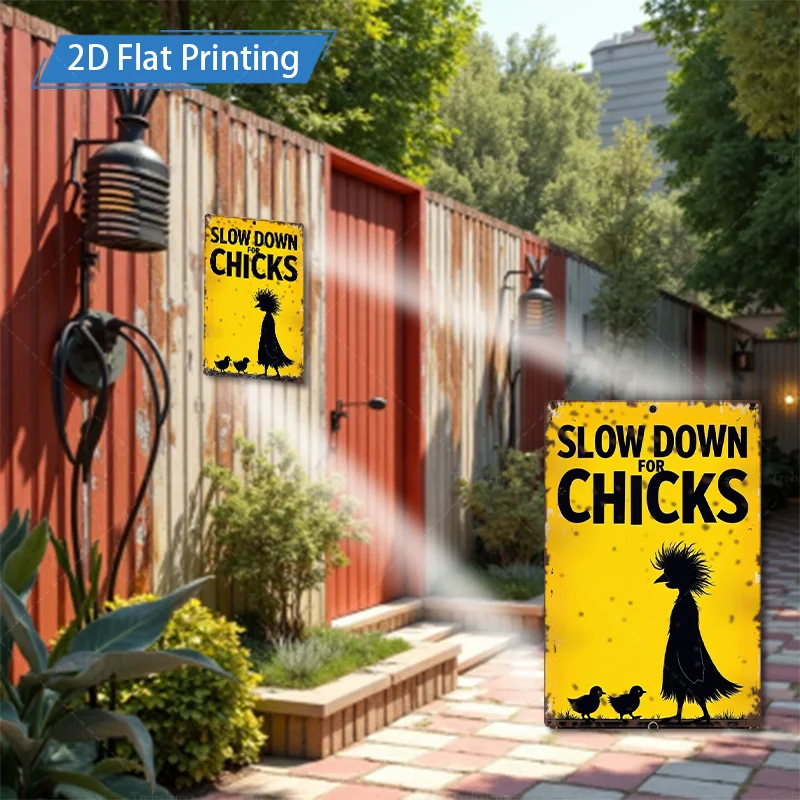[2D FLAT] علامة معدنية مكونة من قطعة واحدة، علامة معدنية صفراء ريفية مقاس 8 × 12 بوصة "تأهل للفرخ" مع فن صورة ظلية للدجاج