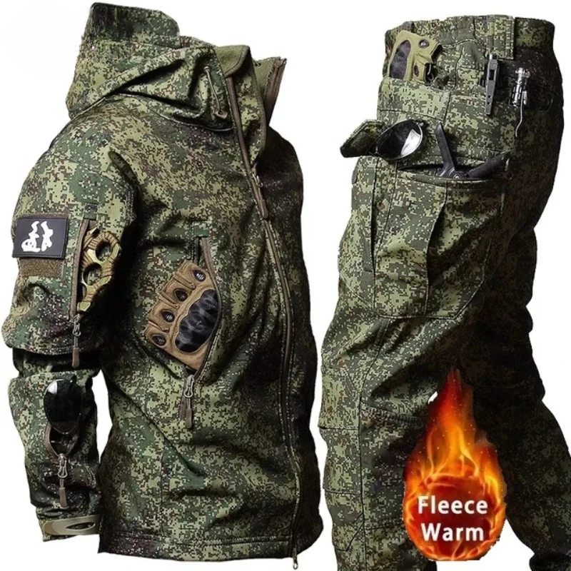 Camo Hooded Fleece Tactical Set Mens New Waterproof Thick Shark Skin Soft Shell Jackets Male Warm Multi-pocket Hiking Pants