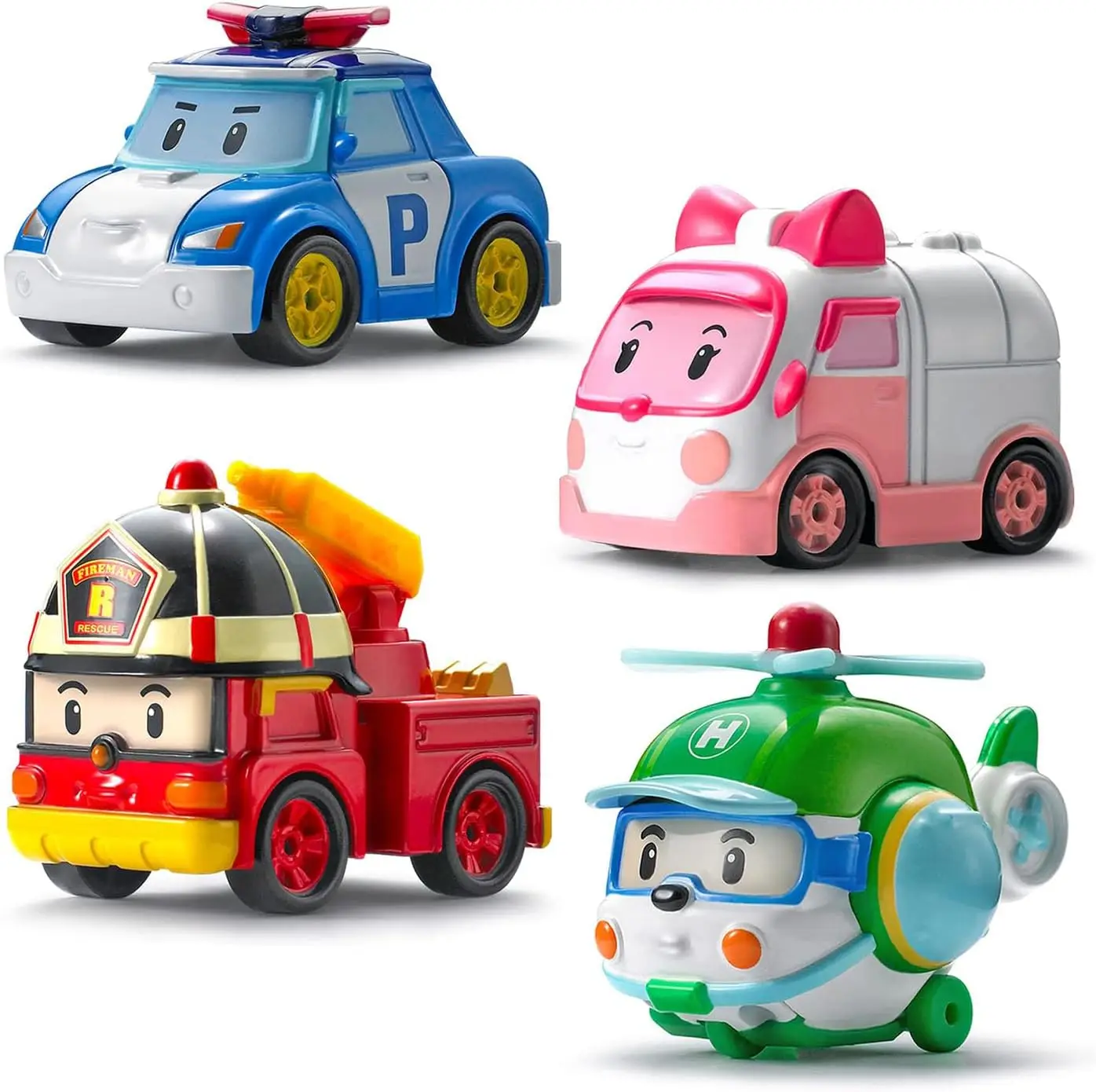 

Poli Toys, [4 Pack Bundle] Die-Cast Metal Toy Cars Mini Racers Rescue Team, Poli + Amber + Roy + Helly (Non-Transforming Diecast