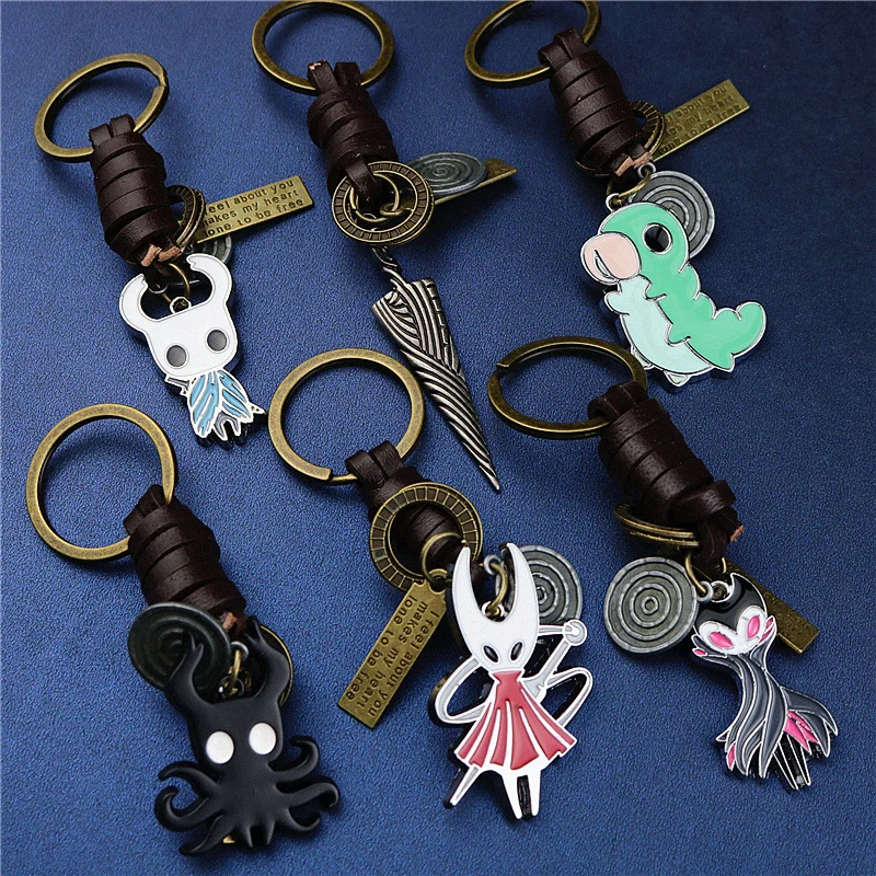

Hollow Knight Leather Pendant Keychain Bone Nail The Pale King Keyring for Men Kids Gifts Retro Handmade men Key Chains llavero