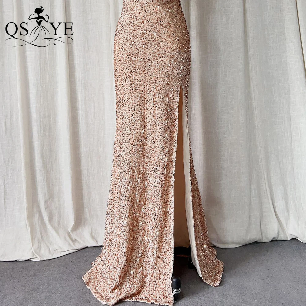 Gold Sequin Long Prom Dresses 2023 Off Shoulder Boned Bodice Basque Front Split Evening Gown Shiny Lace up BackParty Girls Dress