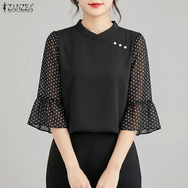 

Stylish Women Patchwork Blouse ZANZEA 2026 Summer Short Flare Sleeve Polka Dot Tops Work Shirt Casual Holiday Tunic Mujer Femme