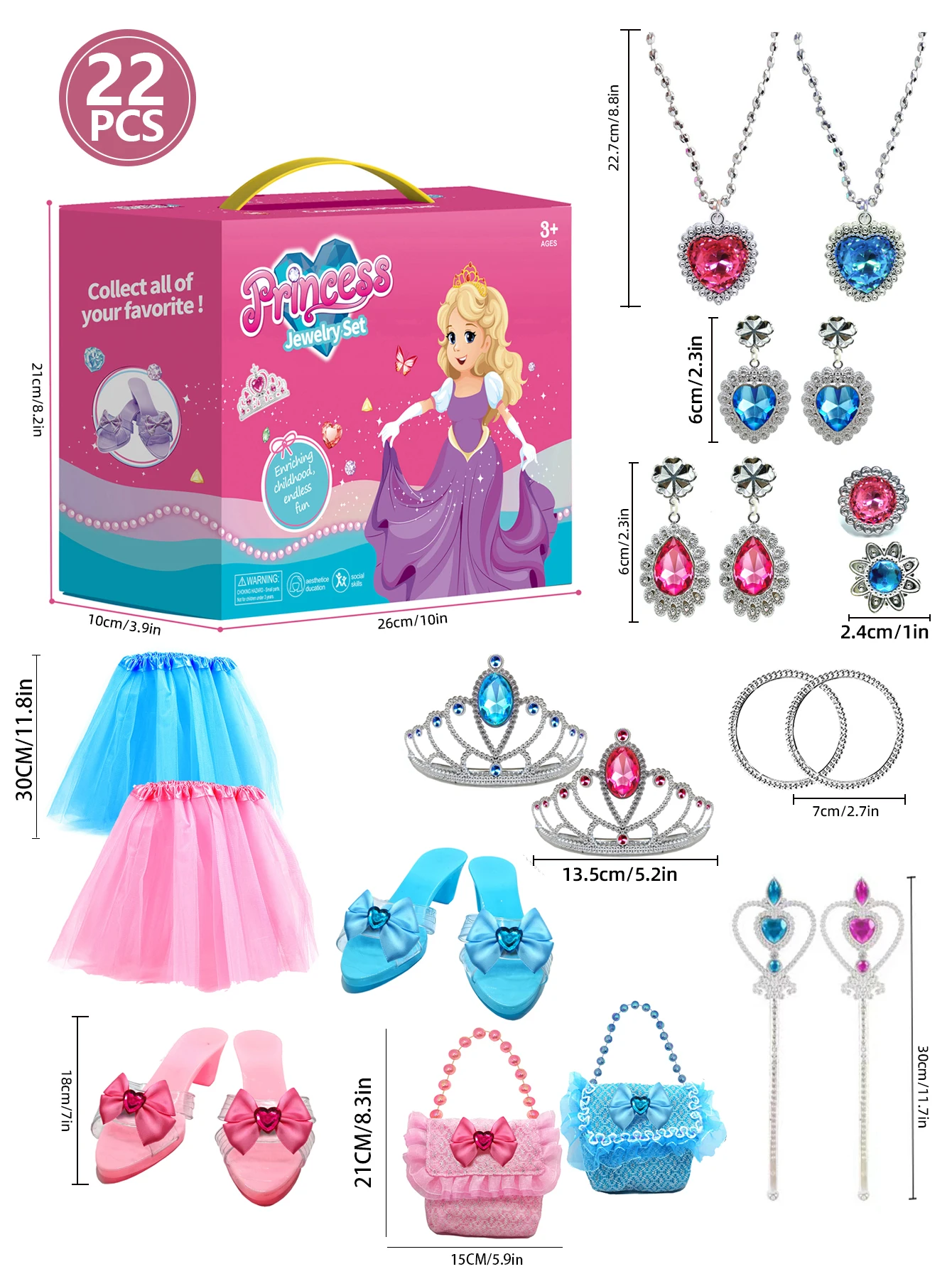 22 pezzi Playhouse Princess Dressing Set, corona, scarpe, bastone magico, Set di vestiti per borse, adatto per giochi di ruolo, Birthda