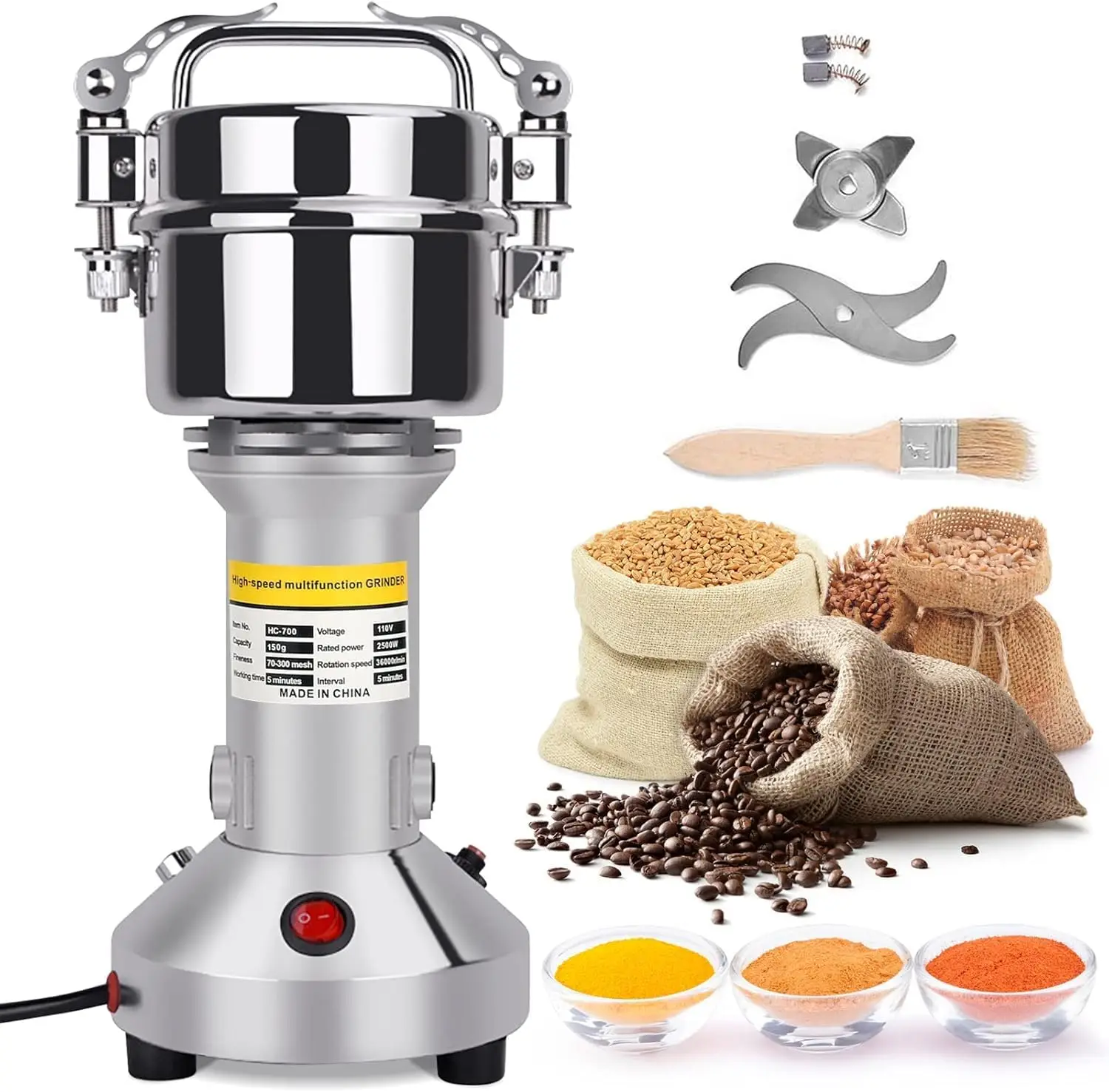 

150g Electric Grain Grinder 28000rpm 3 Blades Stainless Steel Herb Spice Cereal Flour Mill 220V Portable Pulverizer