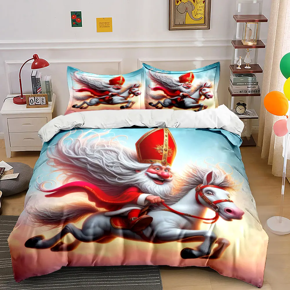 Santa Claus riding a lively white horse in the sky Print Duvet Cover Bedding Set Included 1*Duvet Cover 2*Pillowcases