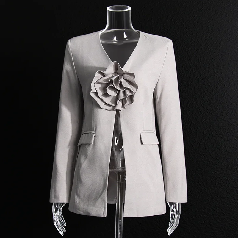 ZAMOR HIGH QUALITY Sexy Sweet Style Top 2026 New Fashion V Neck 3D Flower Patchwork Long Sleeve Waist Slimming Blazer