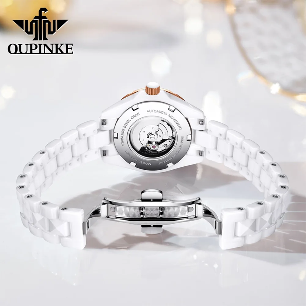 OUPINKE 3301 Brand Women's Watches Fashion Waterproof Automatic Mechanical Watch for Lady Dual Calendar Ceramics Wristwatch