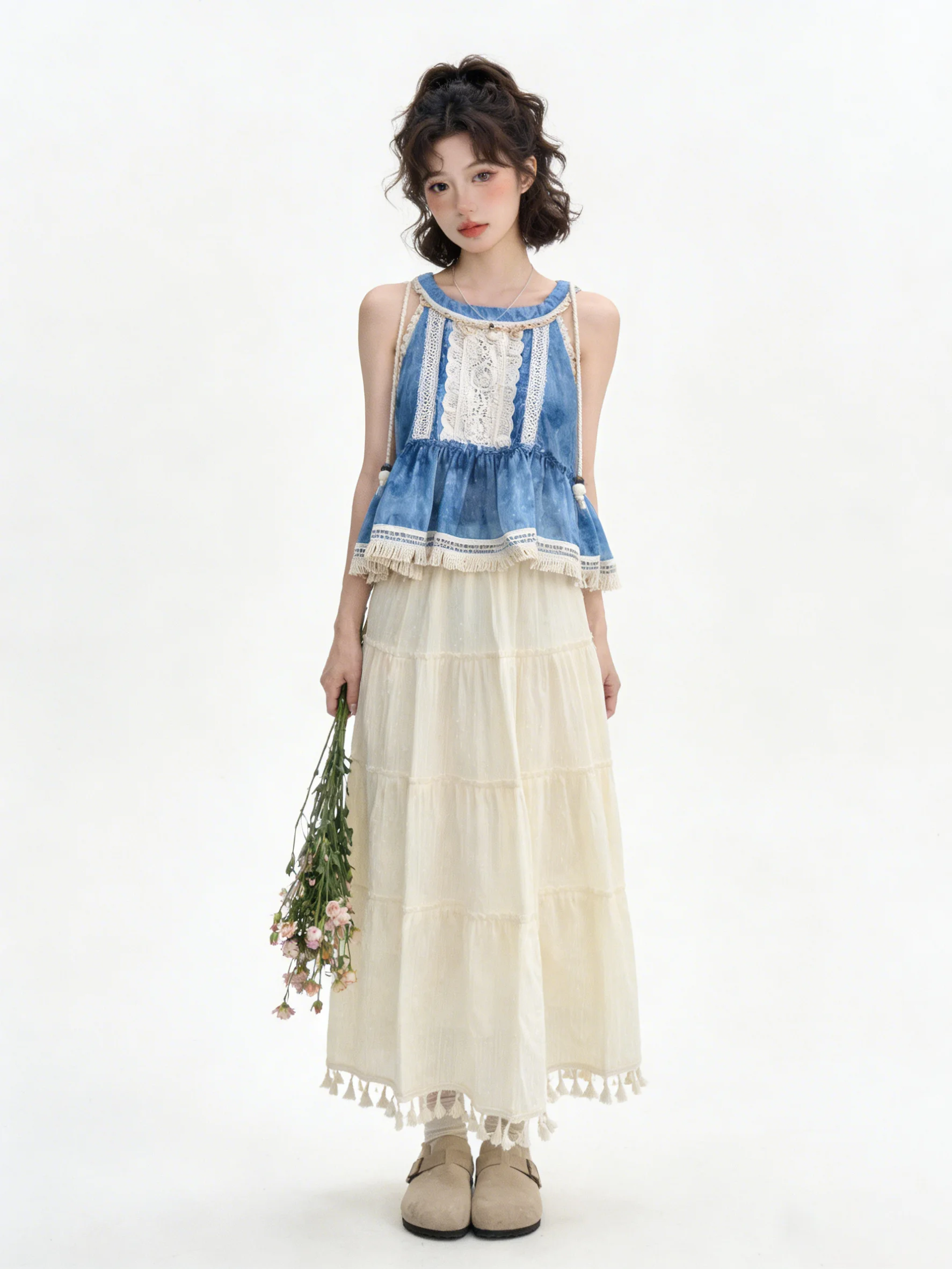 

Bohemian Tie Dye Halter Top And Tassel Skirt Two Piece Set for Women Travel Summer Fashion Casual Breathable Polyester
