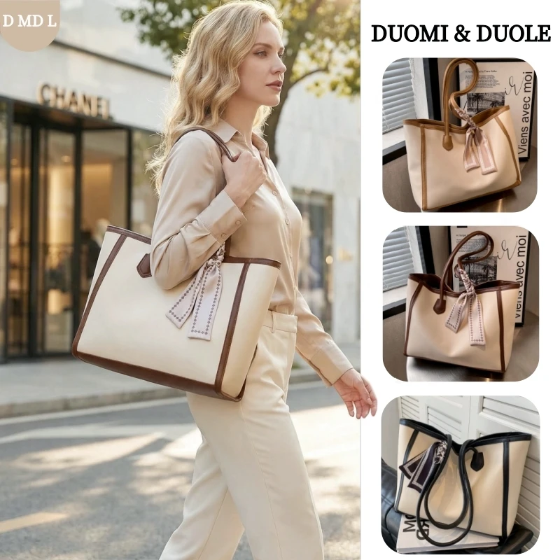 

Весенняя ретро-сумка-тоут 2026 года из двухцветной искусственной кожи (бежевый и коричневый) с шелковым шарфом и верхней ручкой, большая вместимость, для повседневного использования, люкс