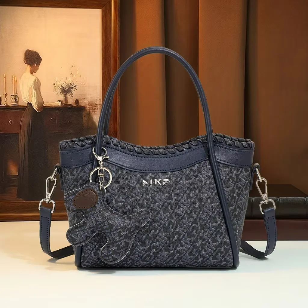 Vintage Monogram Tote Bag with Braided Trim Retro Navy Blue Shopper with Dog Charm Women PU Leather Shoulder Crossbody Satchel