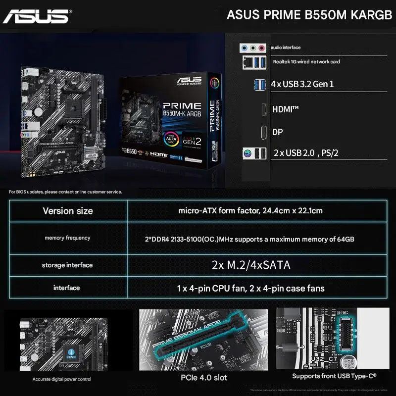 B550M ARGB moederbord AM4 DDR4 M-ATX WiFi gaming mainboard, ondersteunt Ryzen CPU, 128GB hoge snelheid