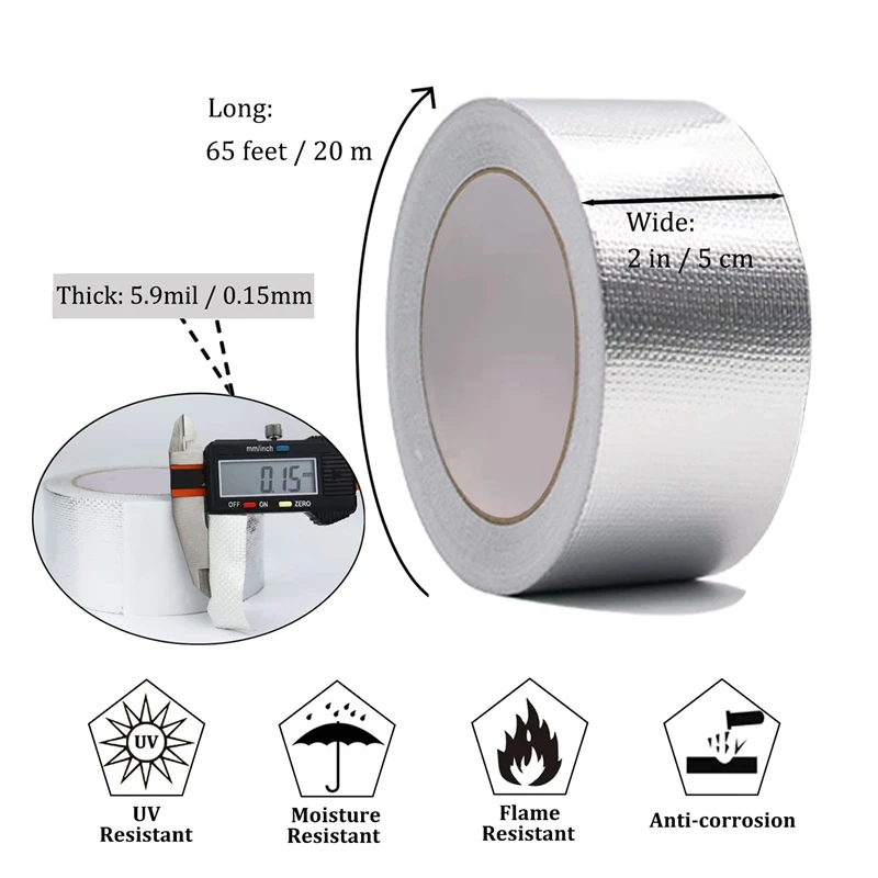 Glass Fiber Cloth Aluminum Foil Tape (5.9Mil Thick), High Temperature Insulation Adhesive Metal Duct Tape