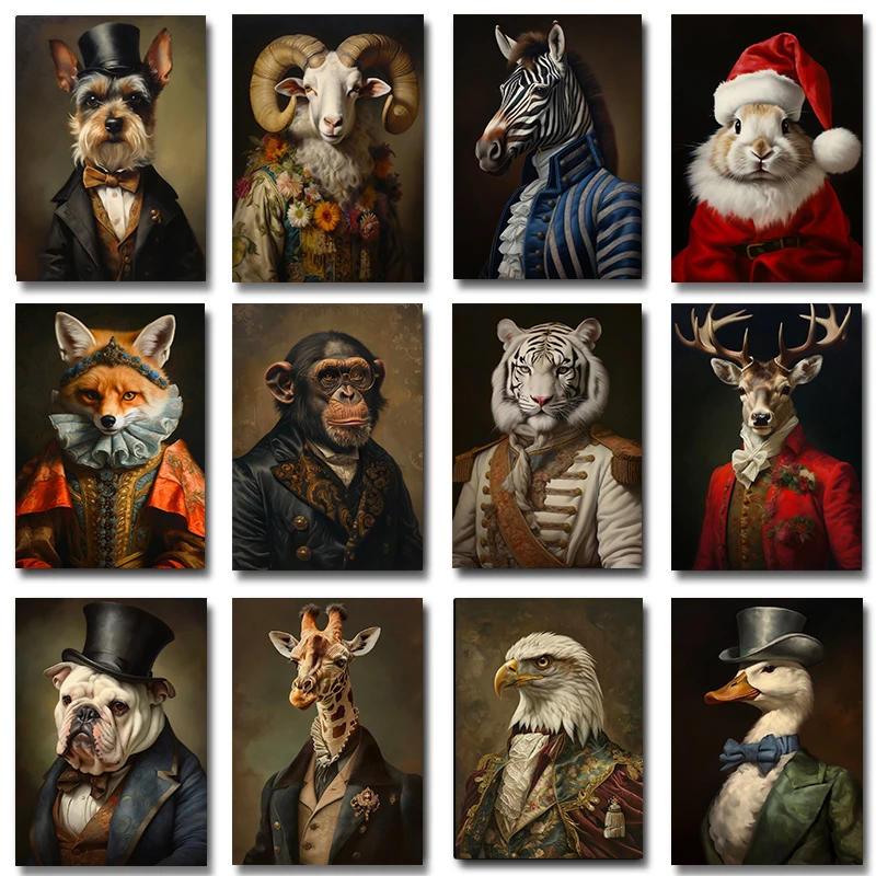 Victorian Animal Portrait Poster Fox Tiger Deer Zebra Sheep Giraffe Duck Eagle Canvas Painting Renaissance Wall Room Home Decor