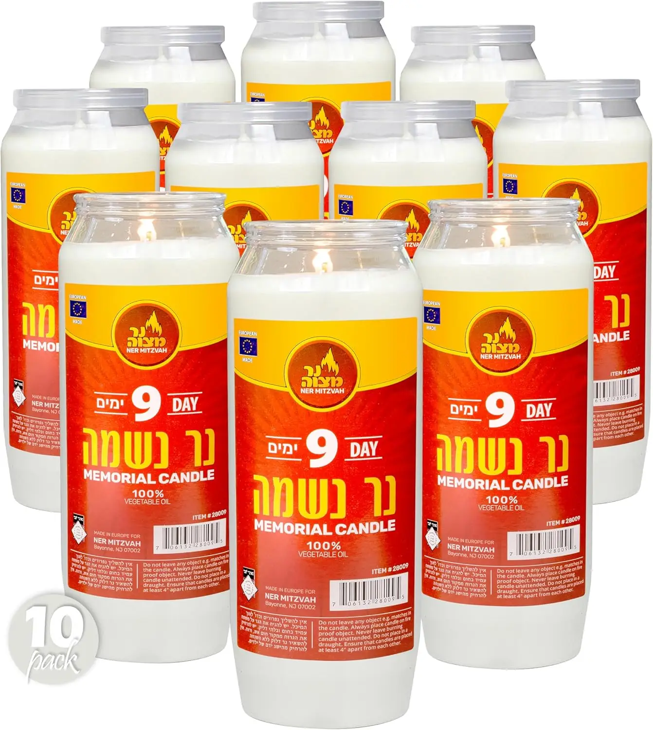 

9-Day Memorial Candle Pack - Kosher Yartzeit & Yom Kippur Candle in Safe Plastic Holder