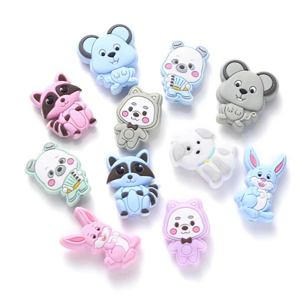 10Pcs Animal Silicone Beads Cartoon Cute Dog Mouse Bunny Teether Beads For Nursing Chew Toy Making DIY Pacifier Chain Keychain