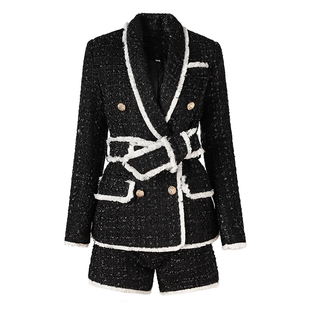 

Vintage Elegant Style Two Piece Sets Ladies Office Quality Textured Women Double-breasted Blazers Shorts Colorblock Tweed Suits