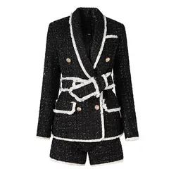 Set di due pezzi stile elegante Vintage Ladies Office Quality Textured Women blazer doppiopetto Shorts Colorblock Tweed Suits