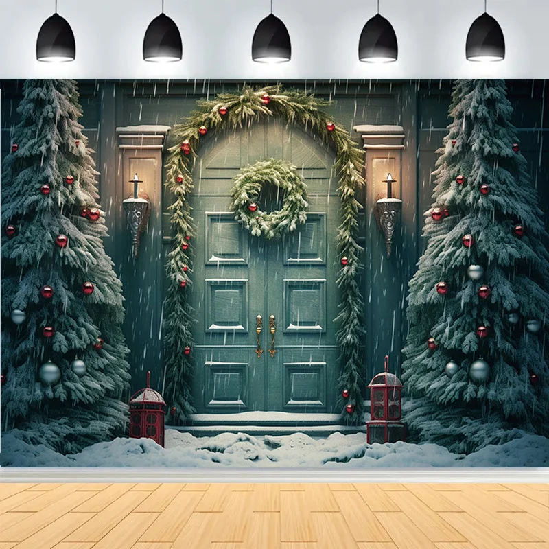 

Christmas Day Wreath Family New Year Party Photography Backdrops Prop Window Living Room Xmas Tree Gift Snow Background BV-37
