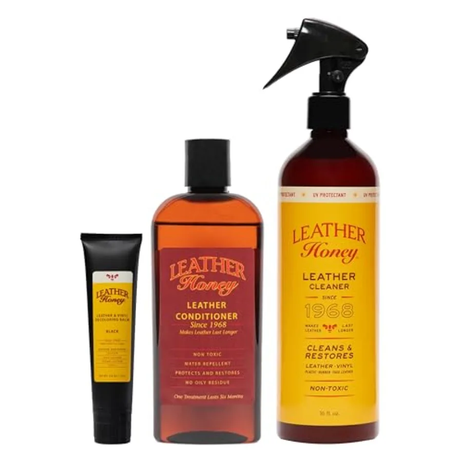 

Leather Honey 8oz Conditioner 16oz Spray Cleaner and Black Recoloring Balm for automotive and furniture use premium leather bla