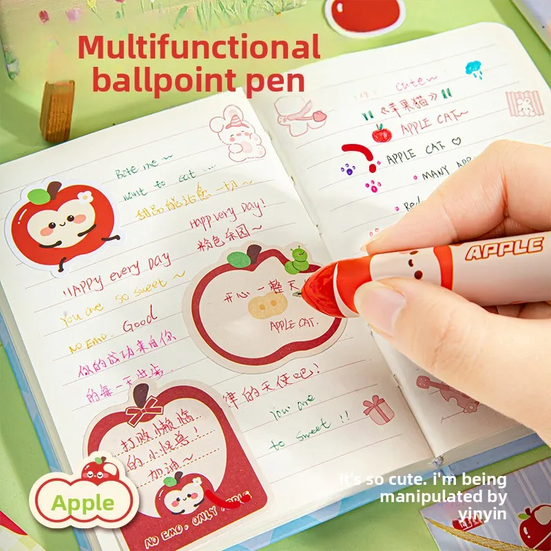 12 Pcs Creative Red Apple Cat Ten Color Ballpoint Pen for Elementary School Students Quick Drying Color Notebook Pen High Value